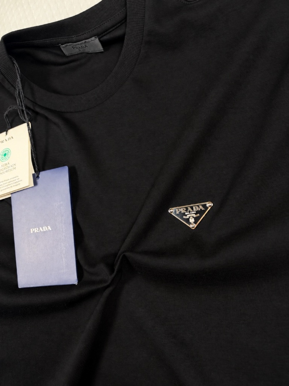 PRADA MEN'S BLACK COTTON T-SHIRT SIZE SMALL BOXY FIT TRIANGLE LOGO EXCELLENT NWT - Picture 3 of 10